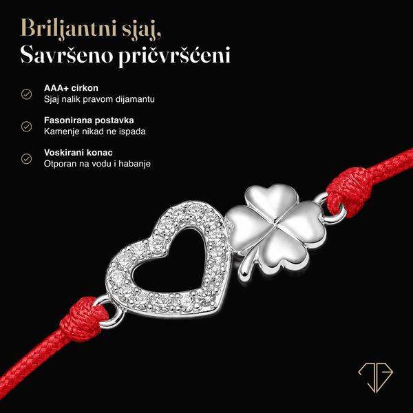 SREBRNA NARUKVICA RED THREAD HEART & CLOVER